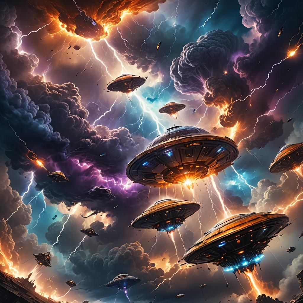 UFOs Clash in Sky: Sci-Fi Concept Art