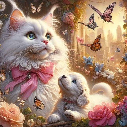 Maine Coon Cat and Puppy Playtime Illustration