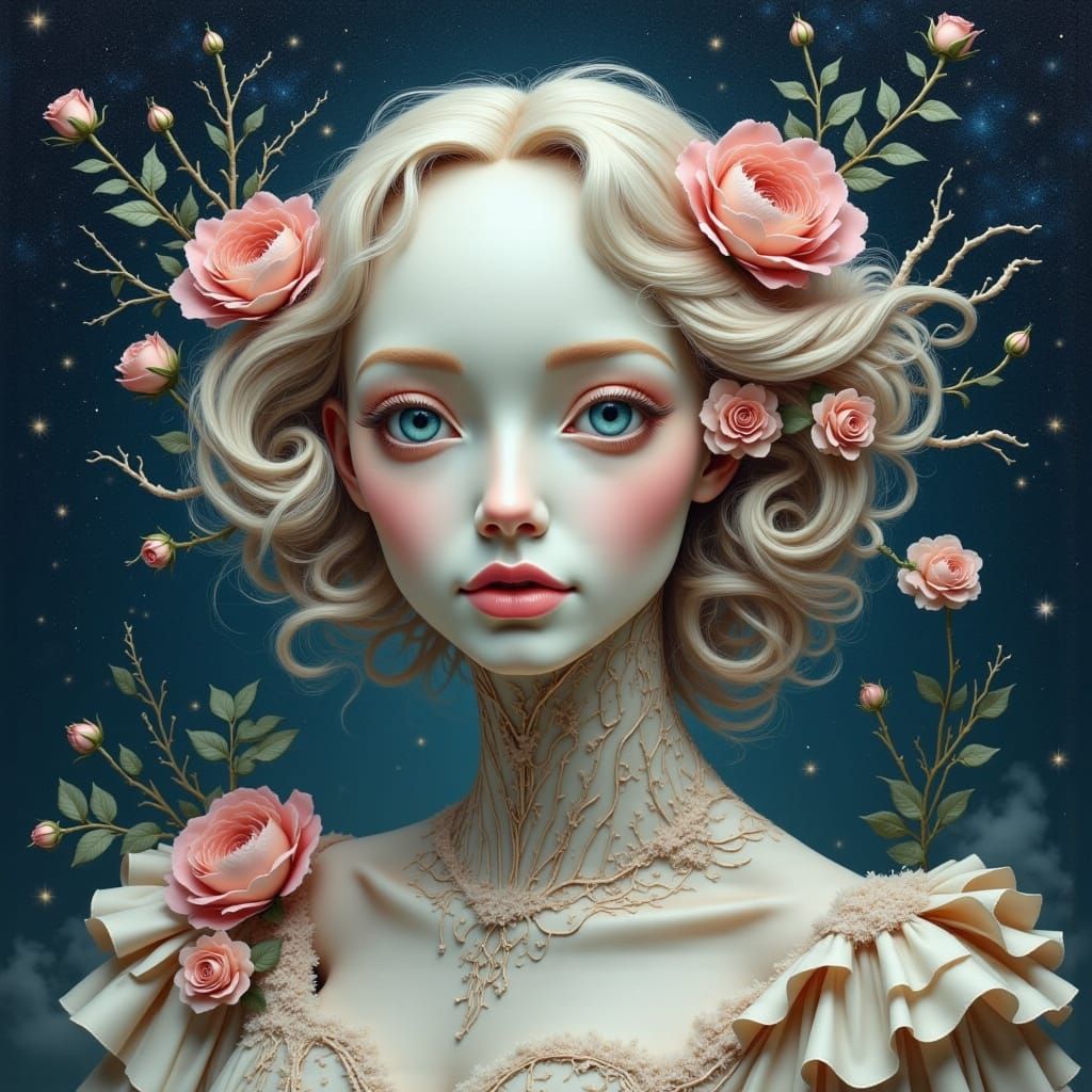 Beautiful Robot Woman with Roses, Digital Art Style