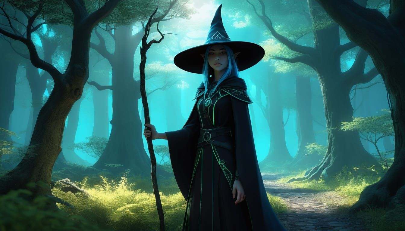 Elf Witch in Mystical Forest, D&D Fantasy Digital Painting