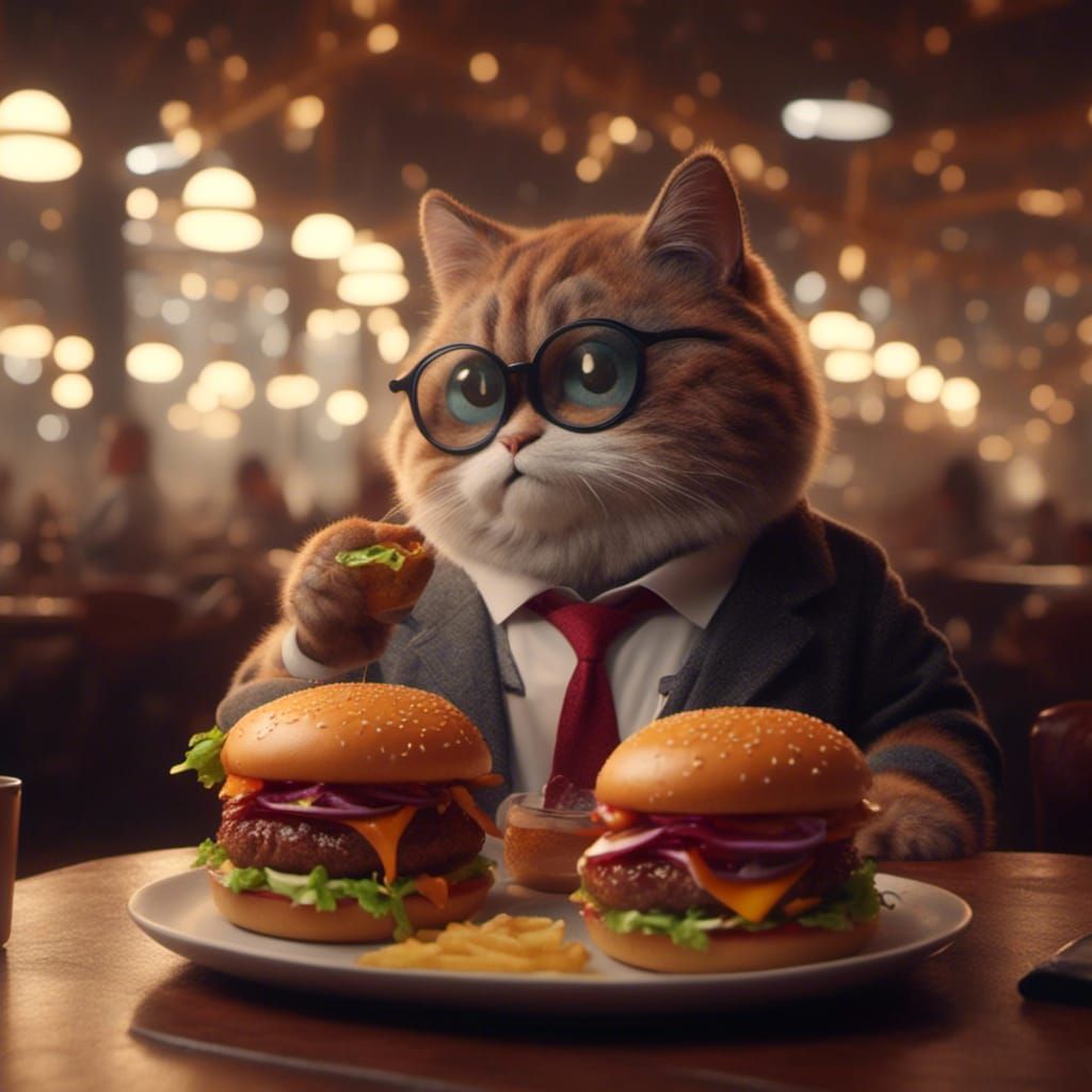 Fat Cat Enjoys Burger in Restaurant