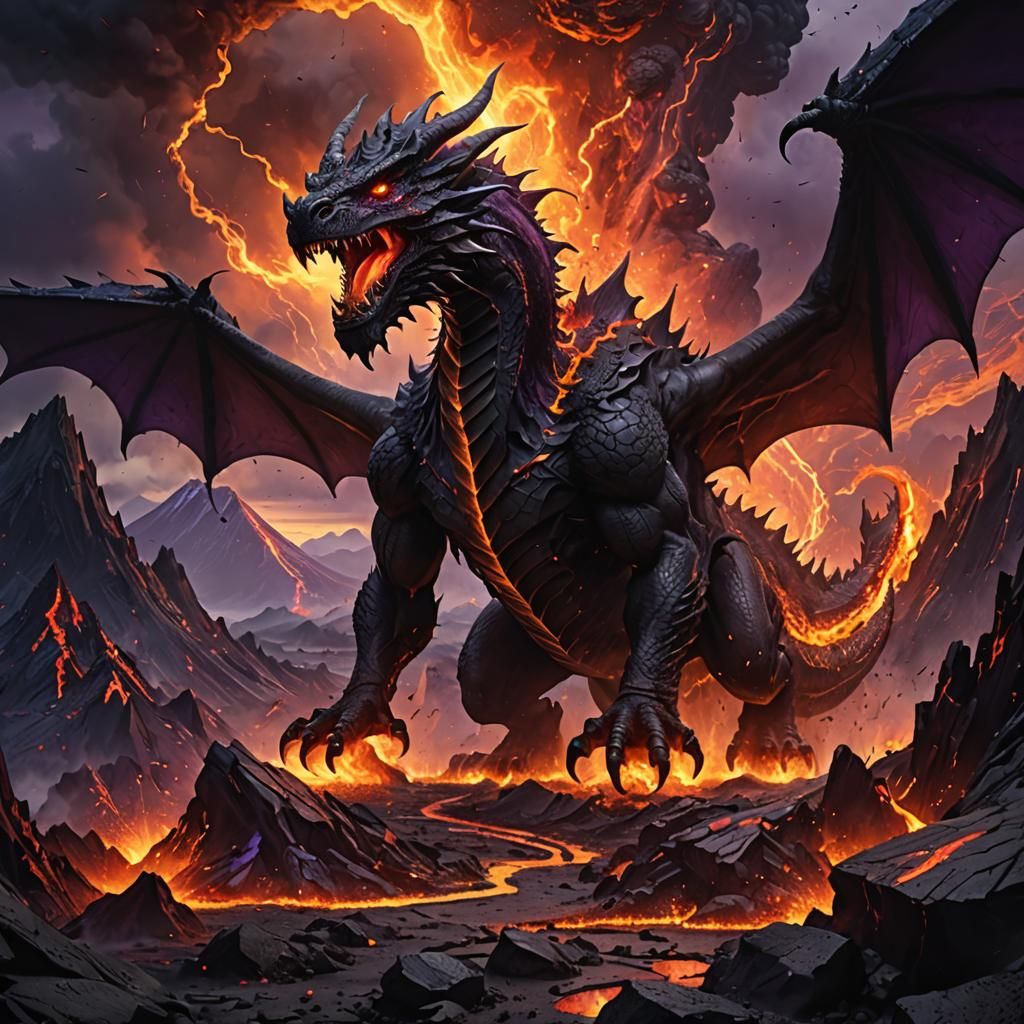 Colossal Demon Dragon over Volcanic Landscape