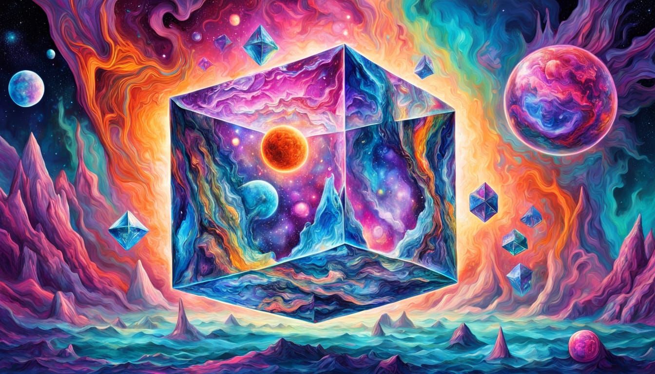Cosmic Surrealist Glass Cube in Vibrant Holographic Detail
