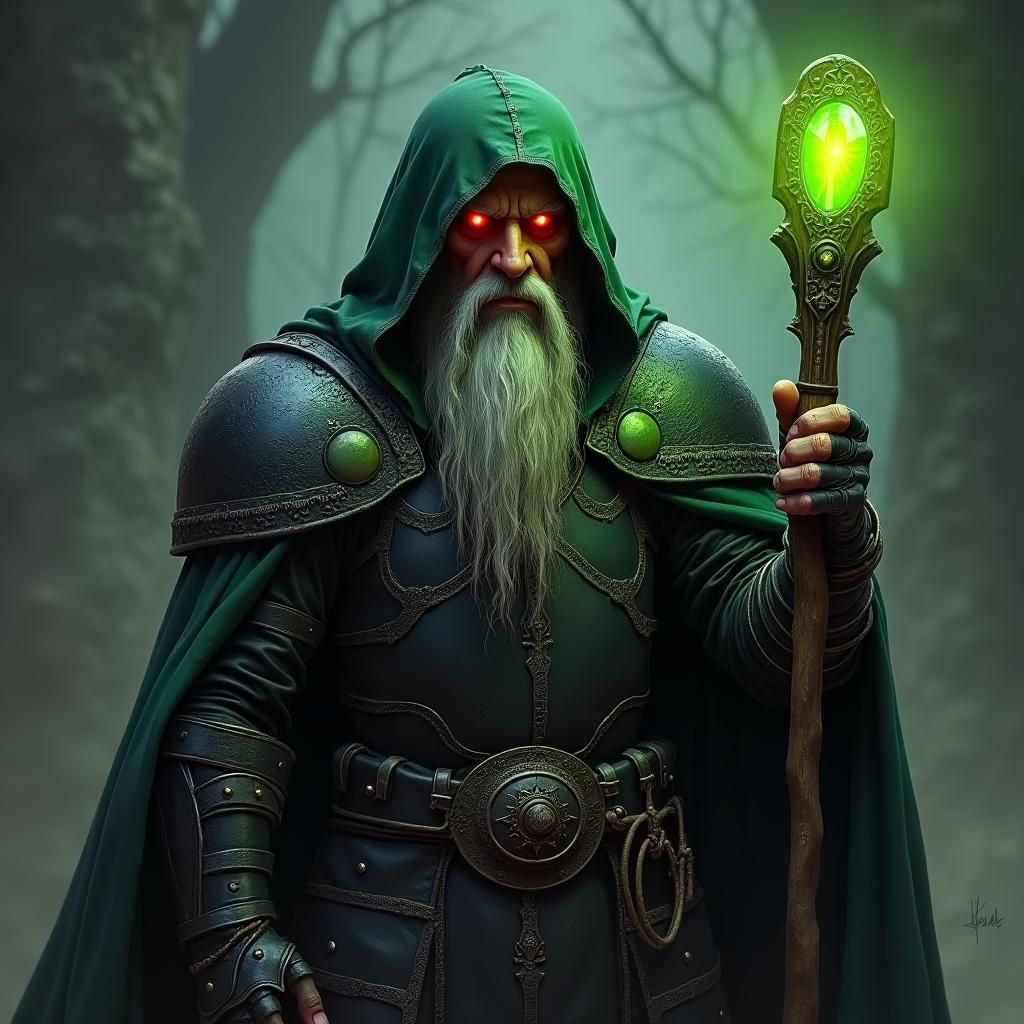 a man holding a staff with a green glowing gem ontop. The man is dressed in all black plate armor and he he is wearing a...
