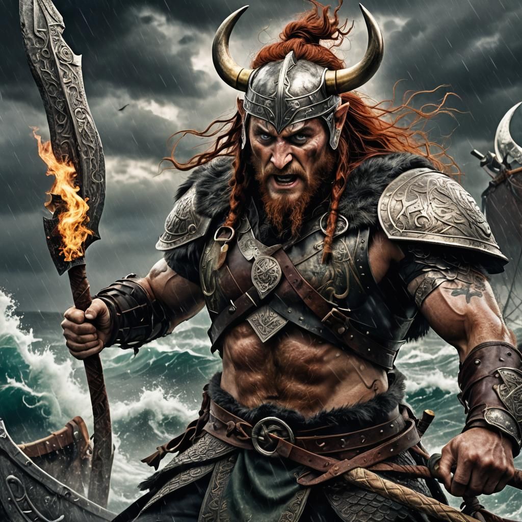 Viking God Loki in Storm: Hyperrealistic Oil Painting