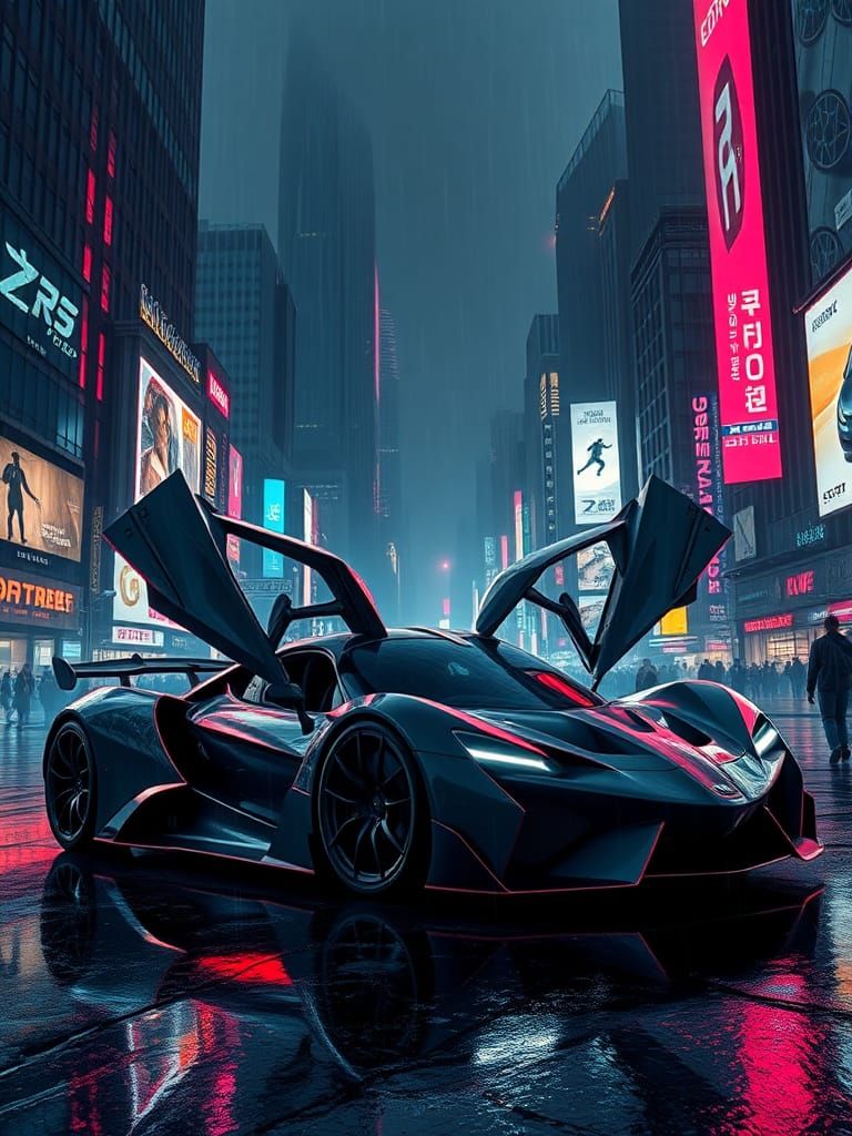 Futuristic Supercar in Cyberpunk Cityscape