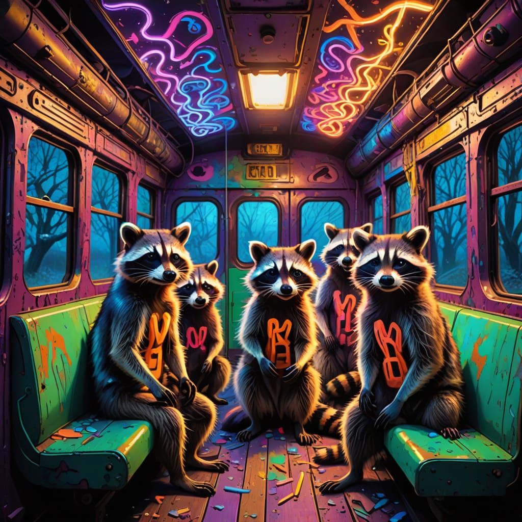 Raccoons Rave in Neon-Lit Train Carriage