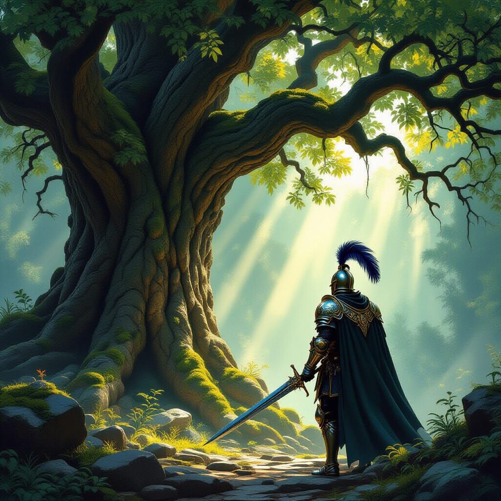 Knight Guards Ancient Oak in Enchanted Forest