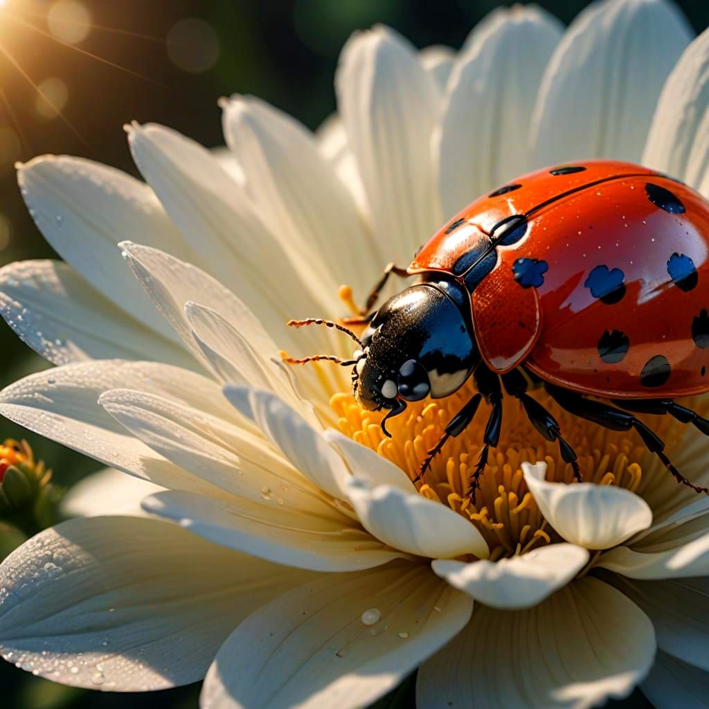Ladybug on a White Flower in Epic Cinematic Style