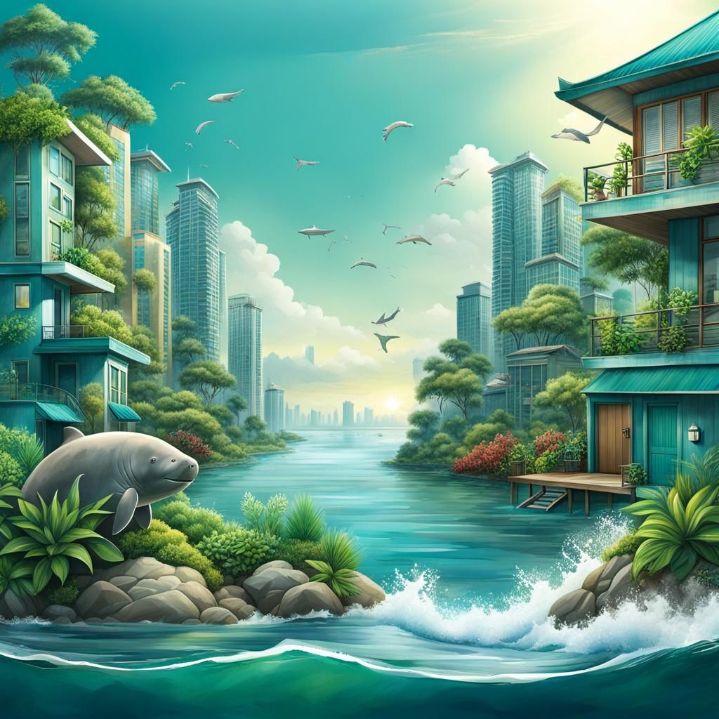 Harmonious City and Sea: A Colorful 3D Geometric Illustratio...