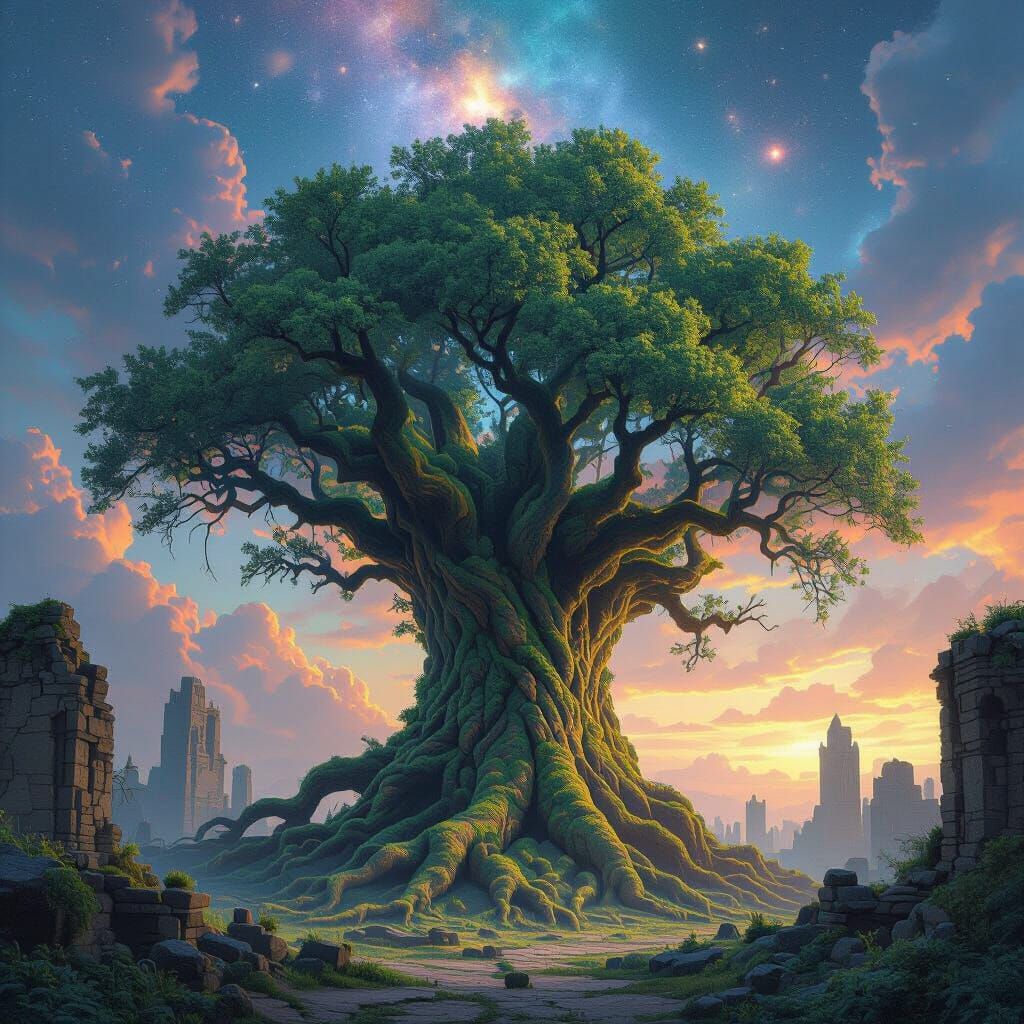 Colossal Ancient Tree in Nebula Sky, Matte Painting
