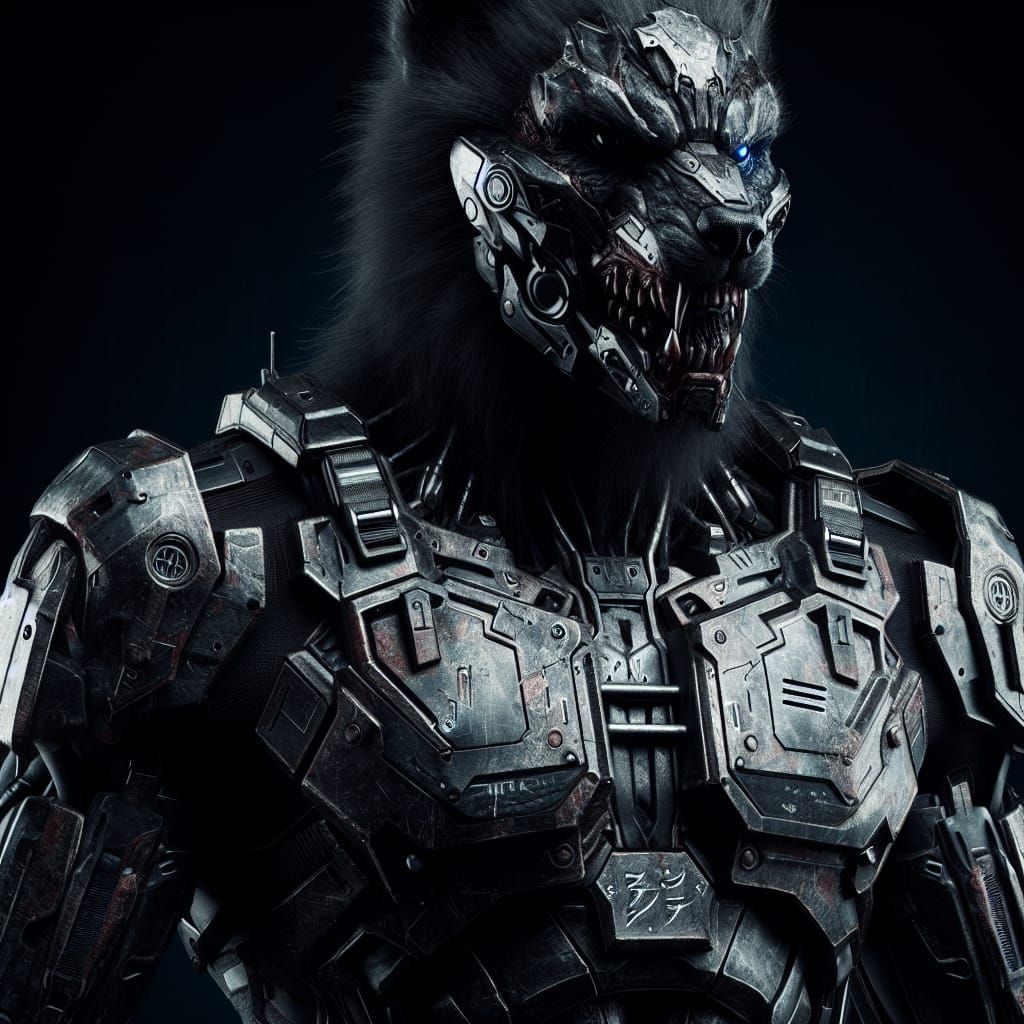 Cybernetic Werewolf Mercenary in Dark Fantasy Armor