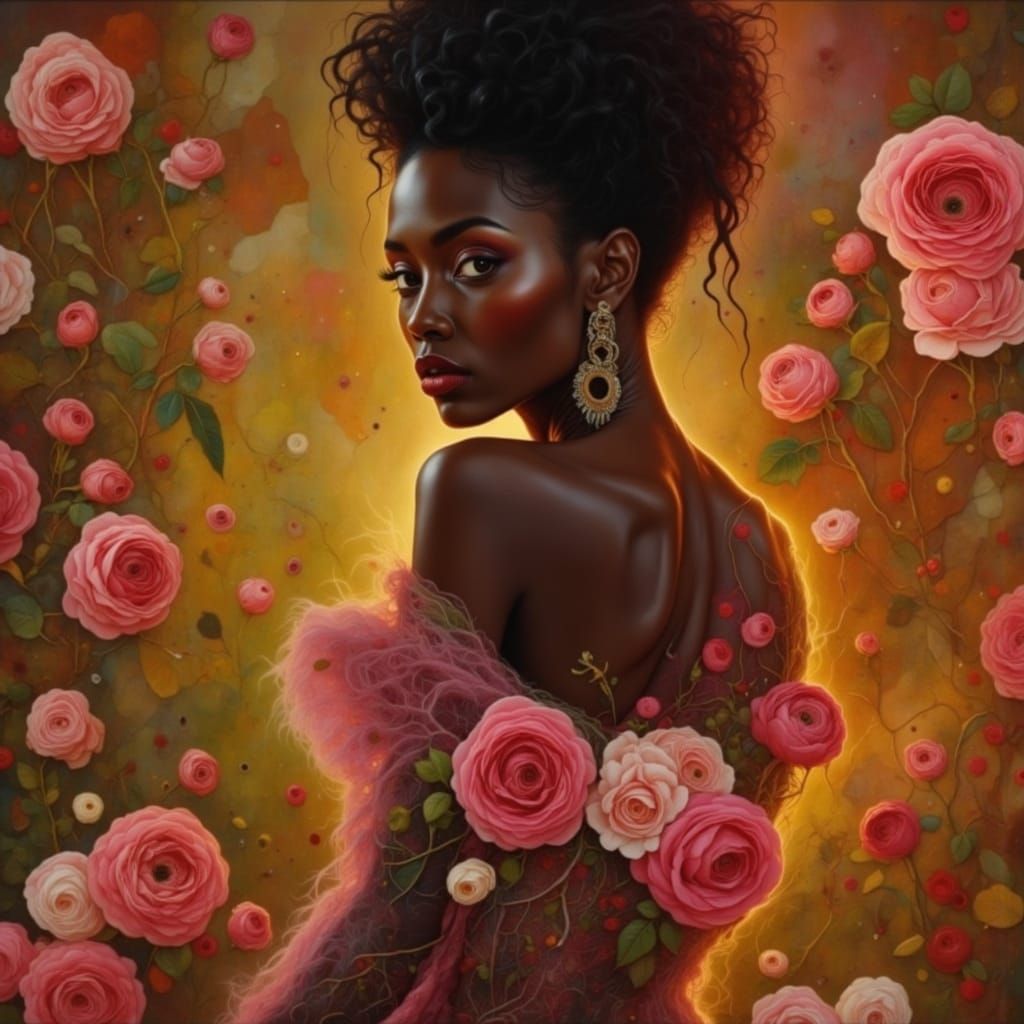 Angry Woman Amidst Pink Roses and Shattered Glass