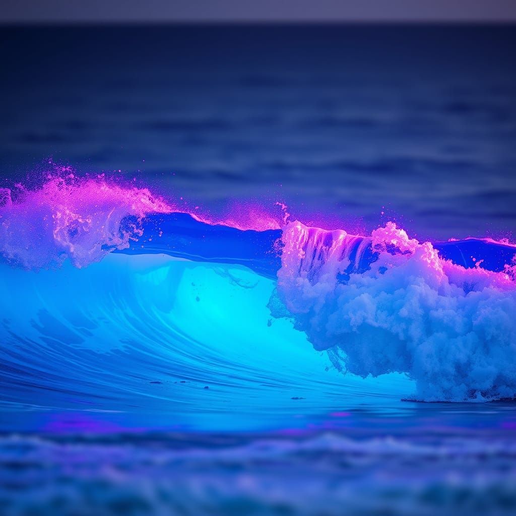 Purple LED Lights on Crashing Blue Ocean Wave