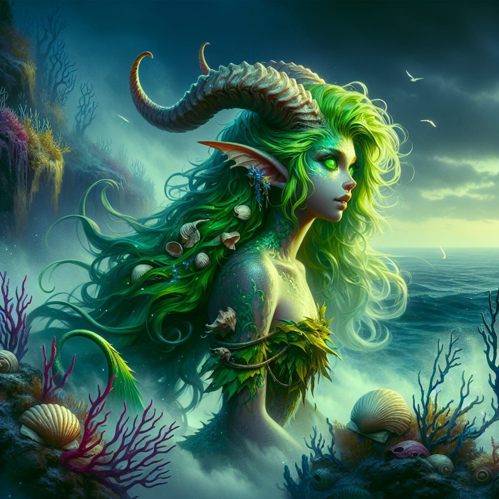Satyr Mermaid Girl on Foggy Coastline