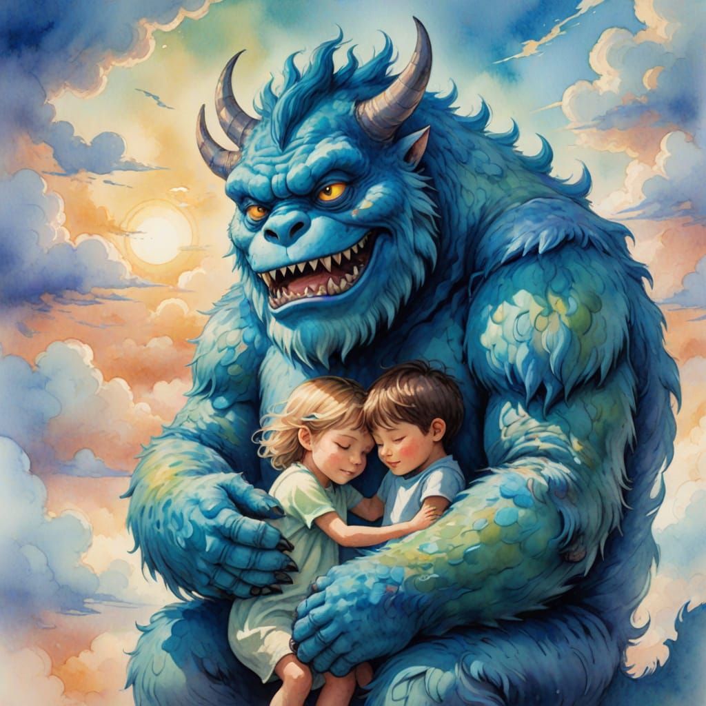 Gentle Blue Monster Cradles Child: Whimsical Watercolor Art