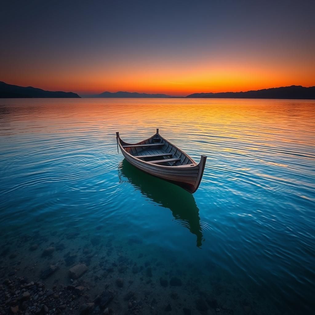 Weathered Boat on Calm Shore at Twilight