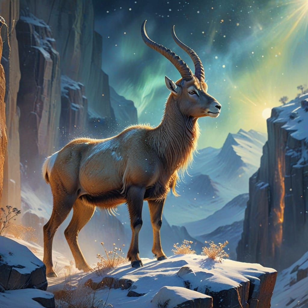 Ethereal Ibex Amidst Shifting Auroras in Whimsical Watercolo...