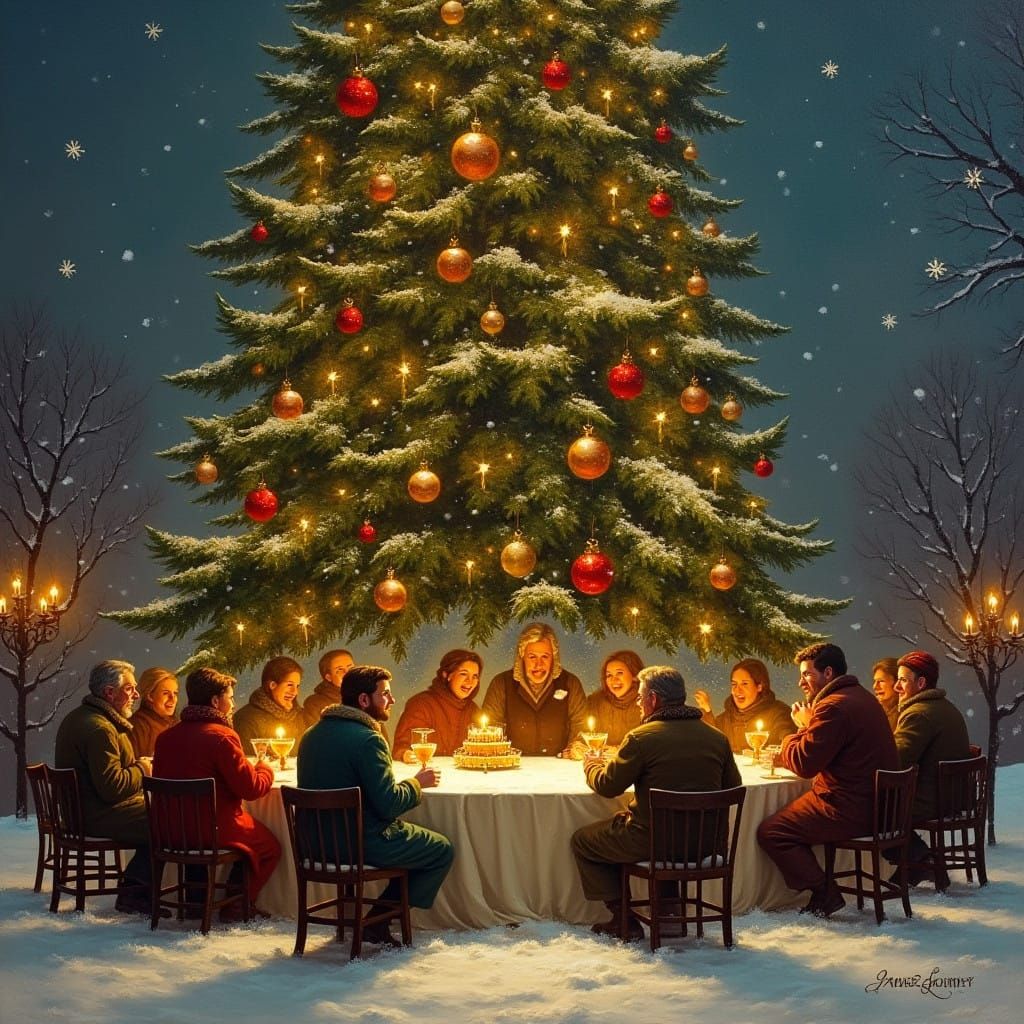 Warm Holiday Gathering Around a Vibrant Christmas Tree