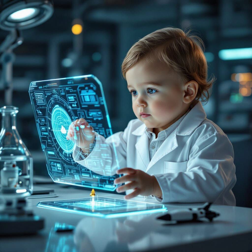 Hyperrealistic Baby Elon Musk in a Futuristic Lab
