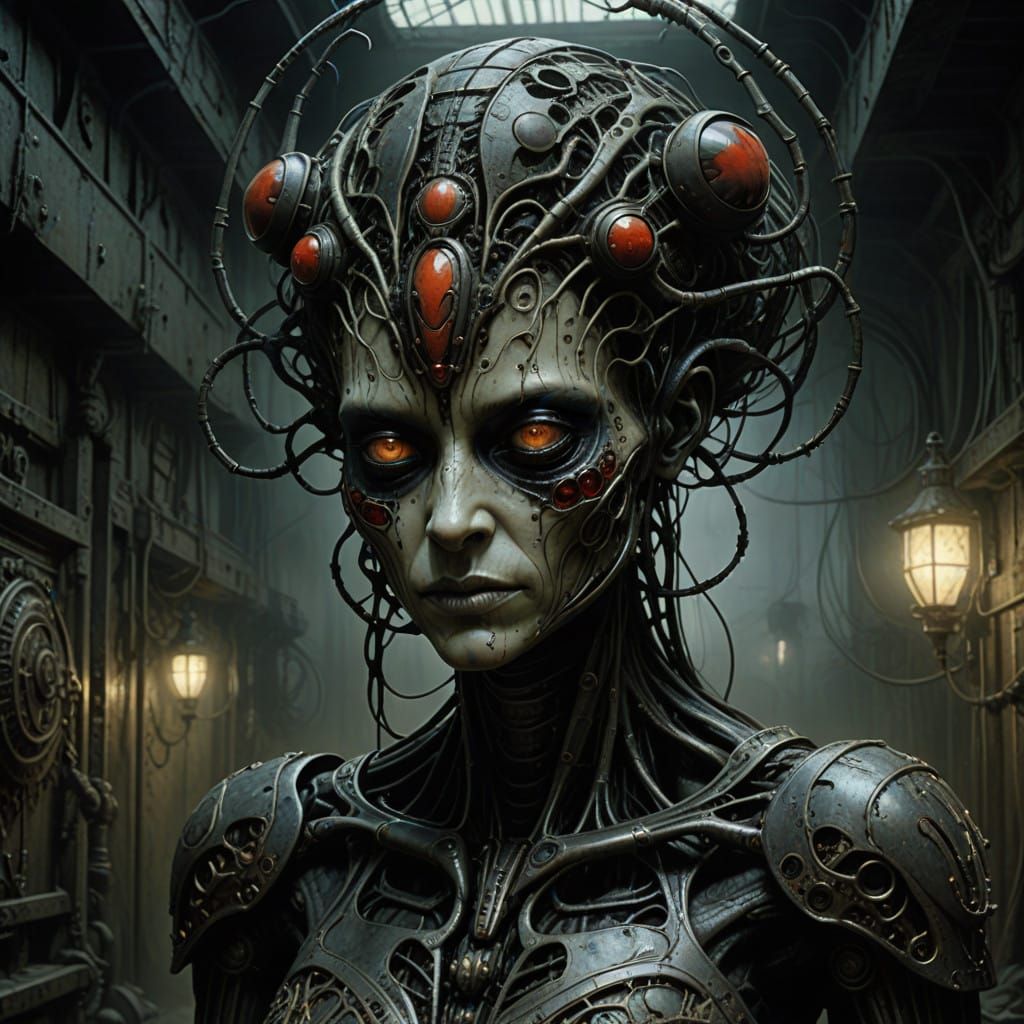 Cyborg Alien in a Dark Industrial Nightmare