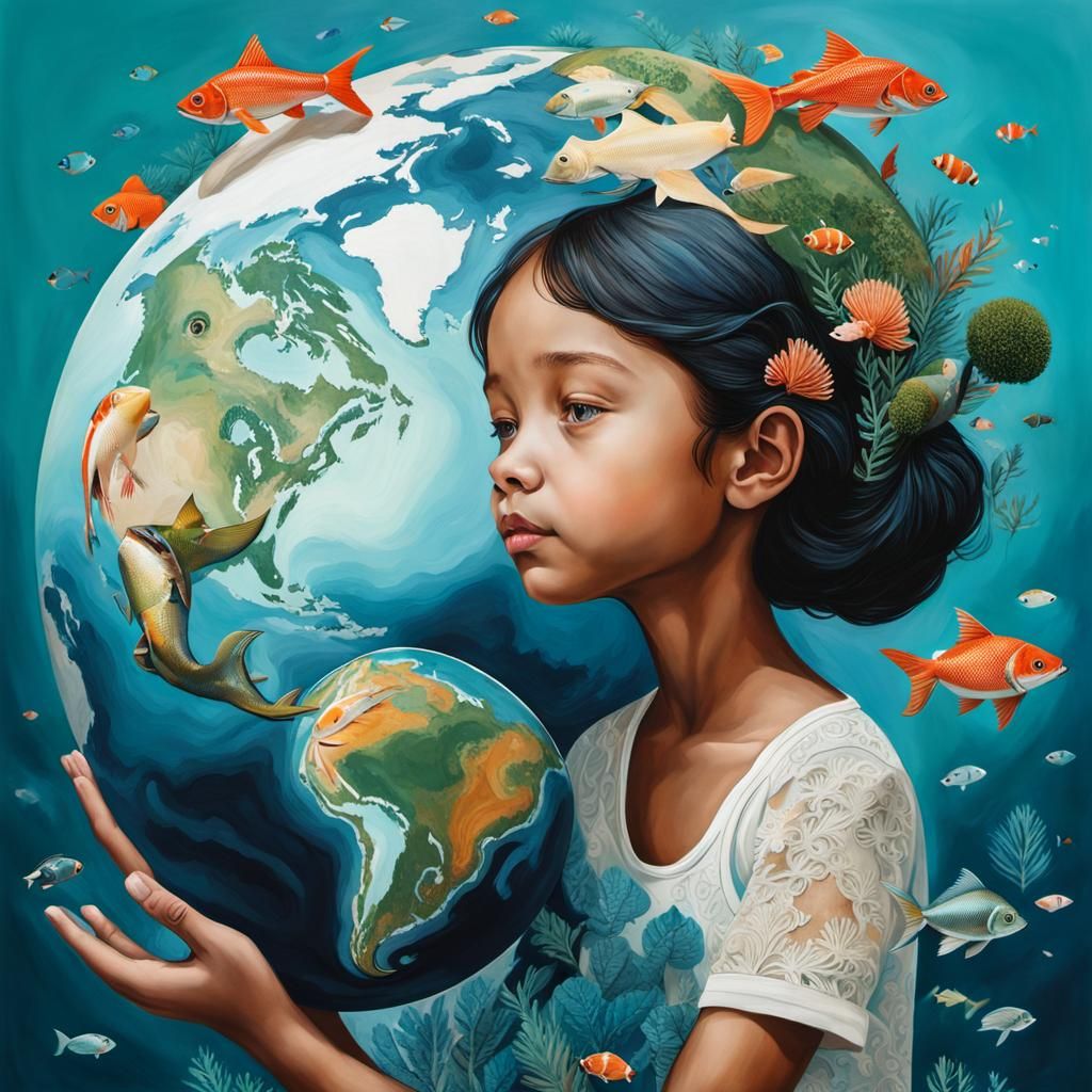 Child Protects Earth in Maximalist Oil Painting