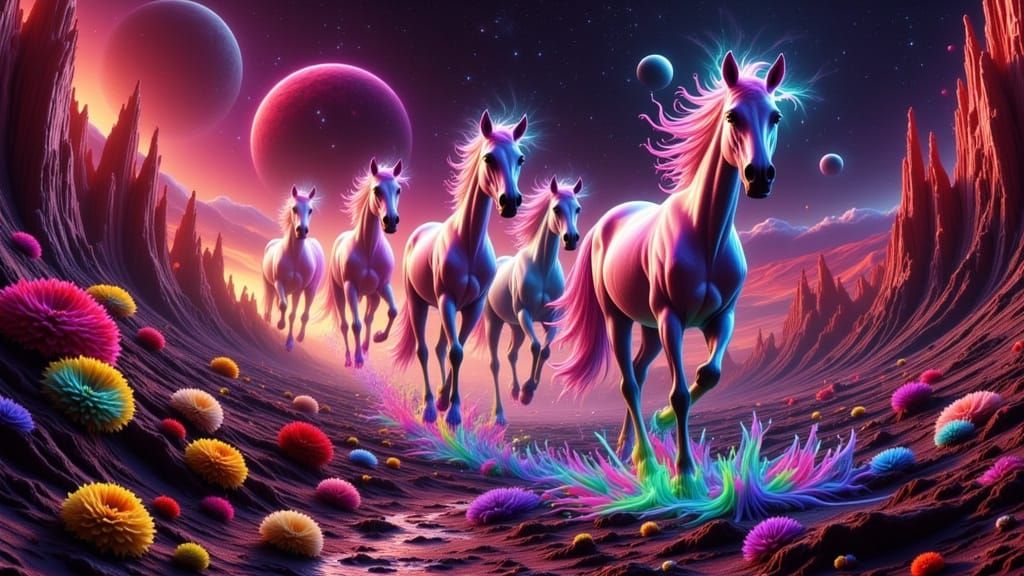 Alien Stallions Galloping in Sci-Fi Landscape