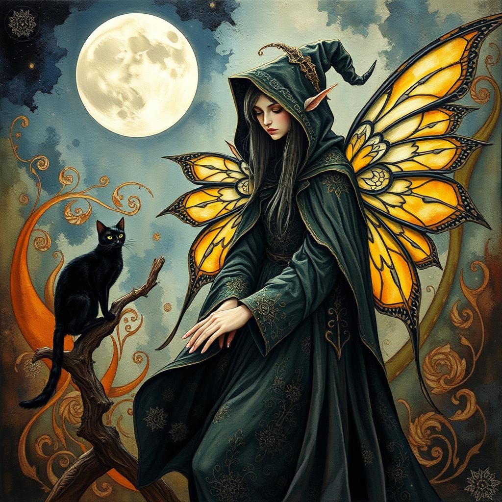 Ethereal Fairy Witch with Cat in Impasto Style