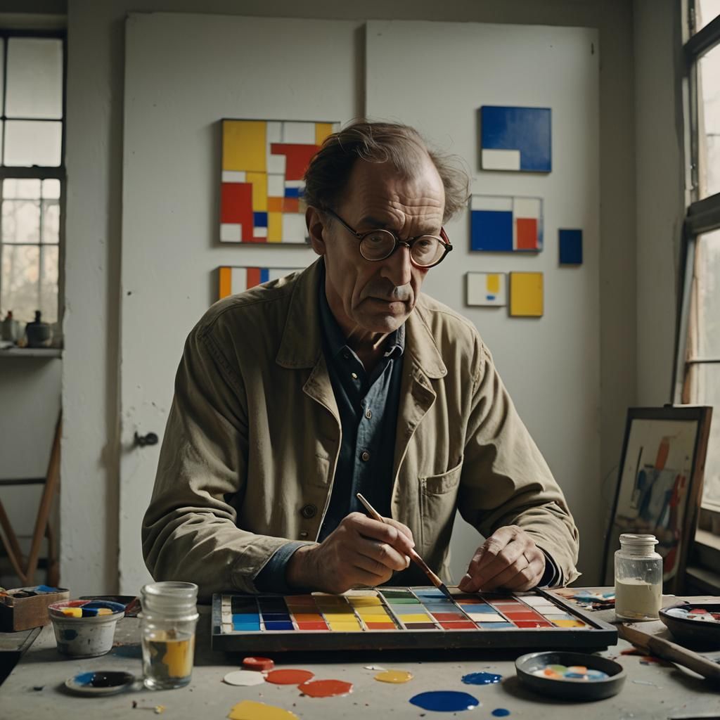 Artist Mixing Primary Colors in Dimly Lit Studio