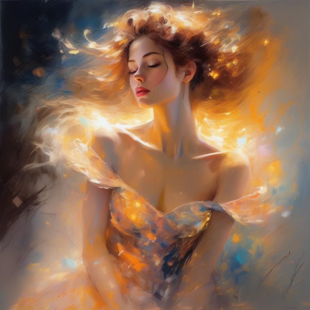 Lady in Glowing Gown with Celestial Hair