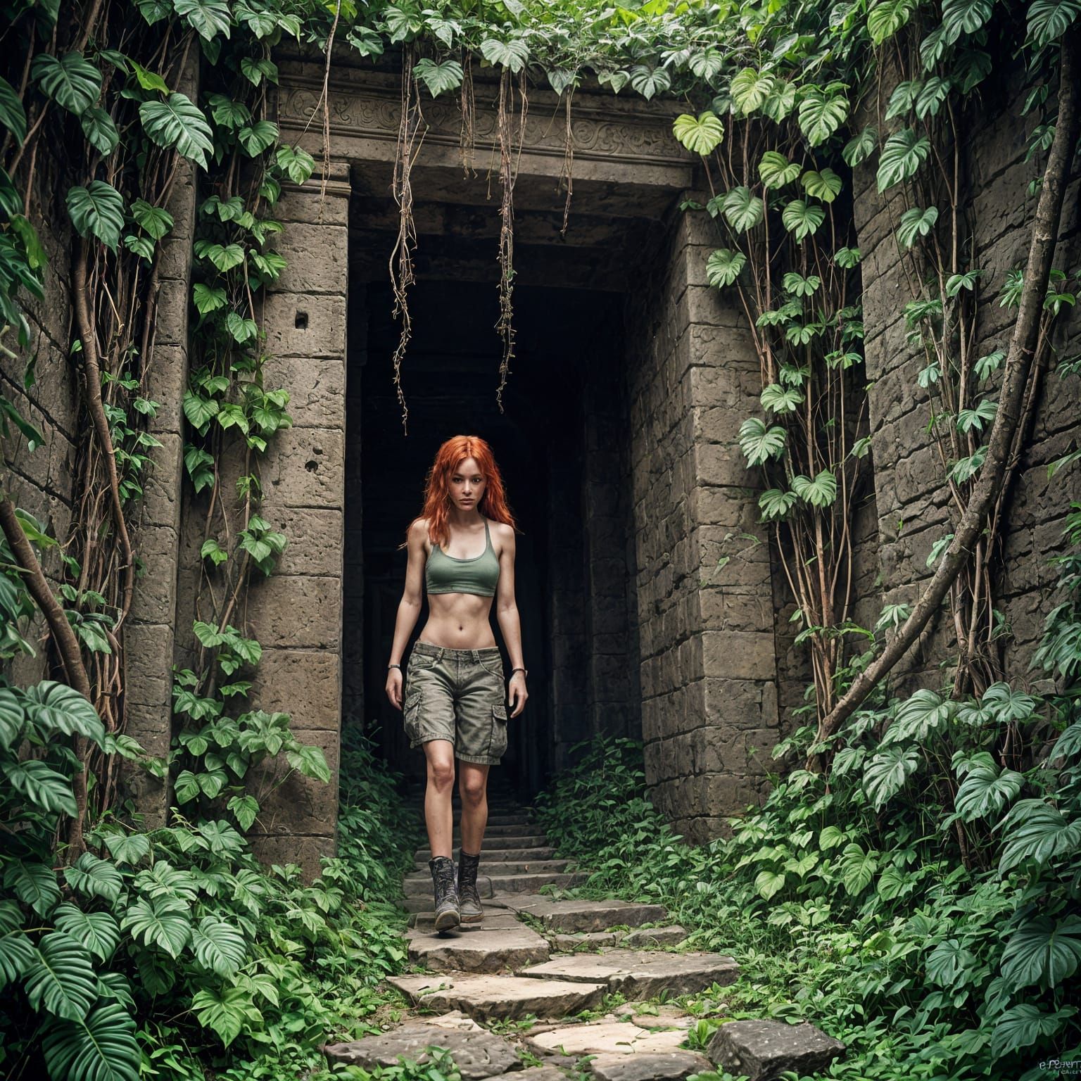 Red-Haired Woman Exploring Ancient Temple in Detailed Digita...