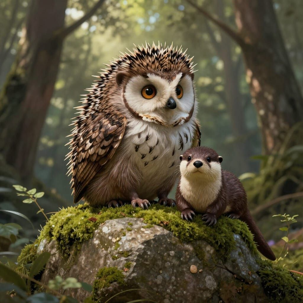 Fantastical Hedgehog-Owl-Otter Hybrid Creature
