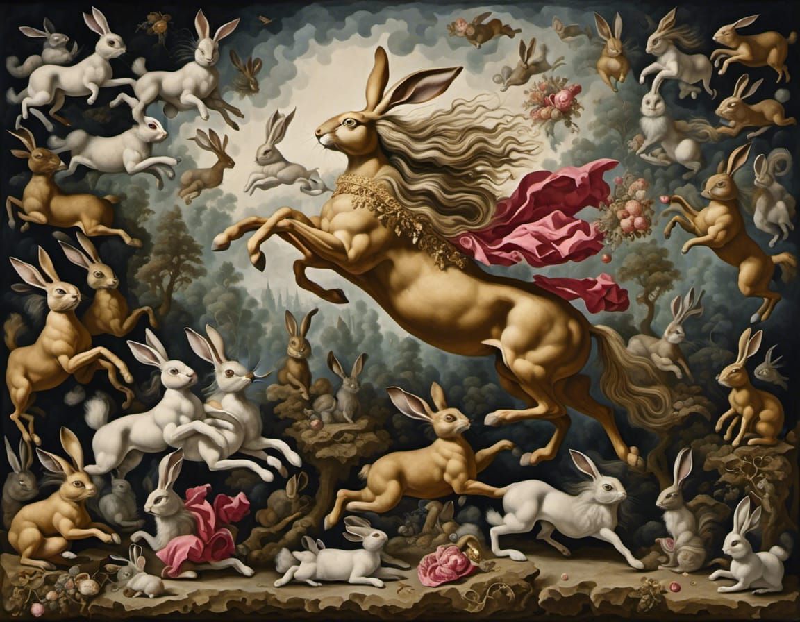 Surreal Fighting Bunny Warrior in Ink Wash Style