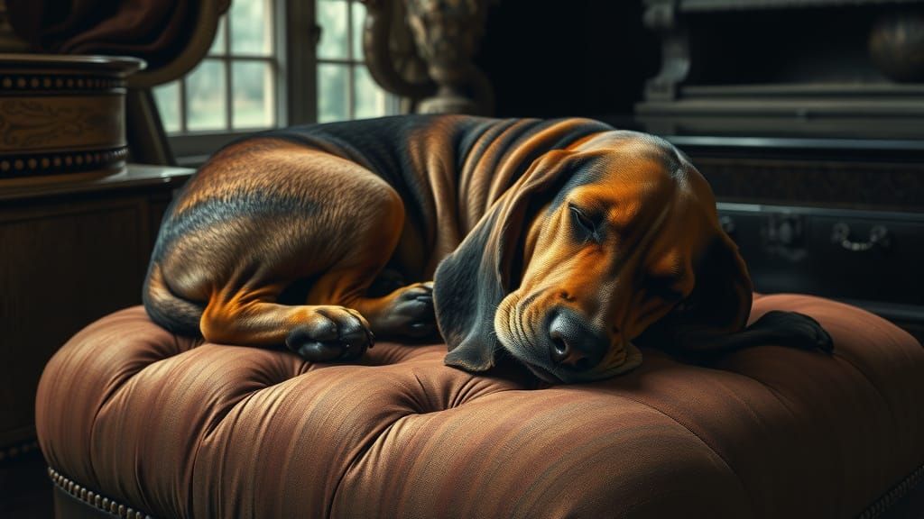Sleepy Basset Hound in Dimly Lit Room
