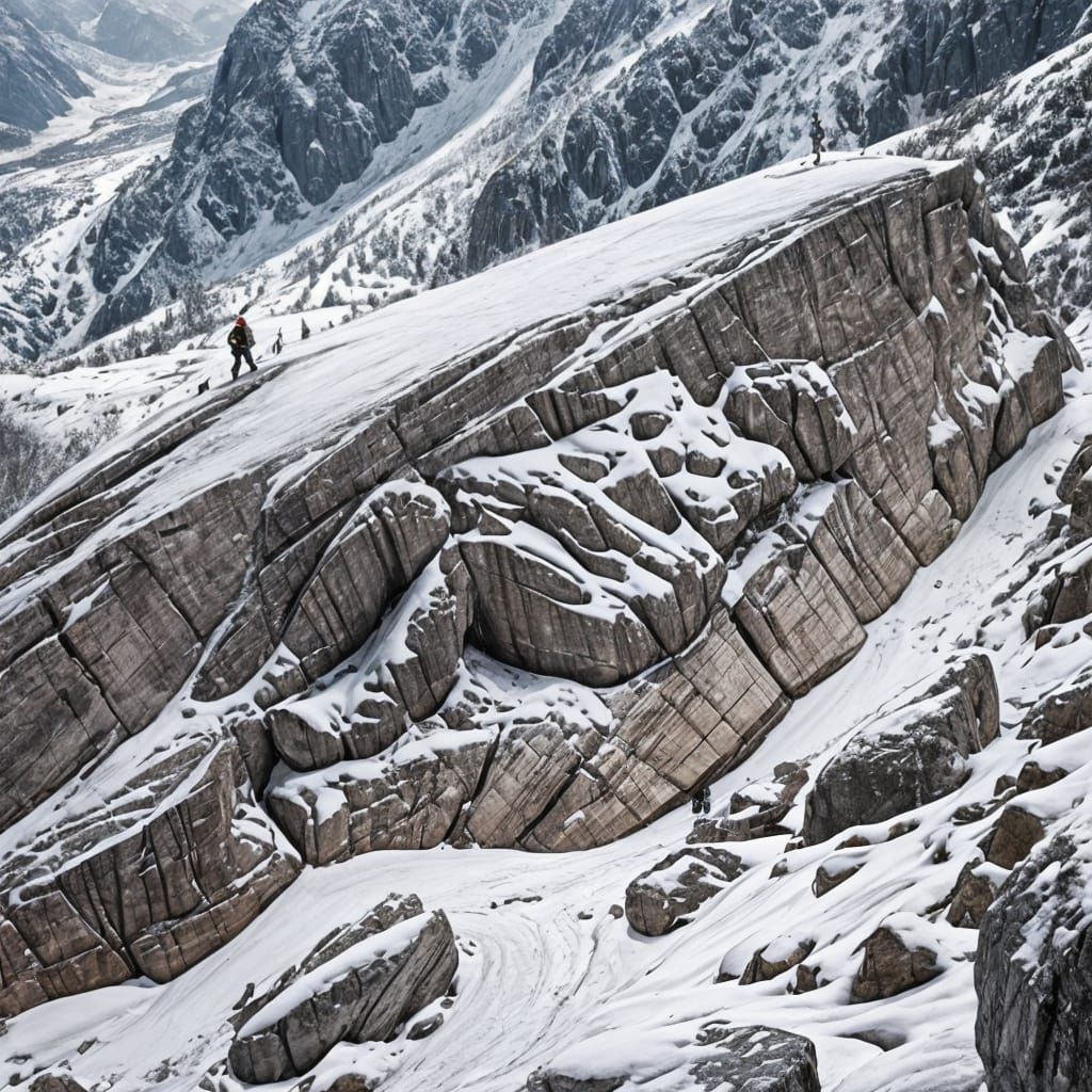 reminiscence of a gigantic size figure of a laying woman in stone Mountain Alps, covered in snow, carved at old stone by...