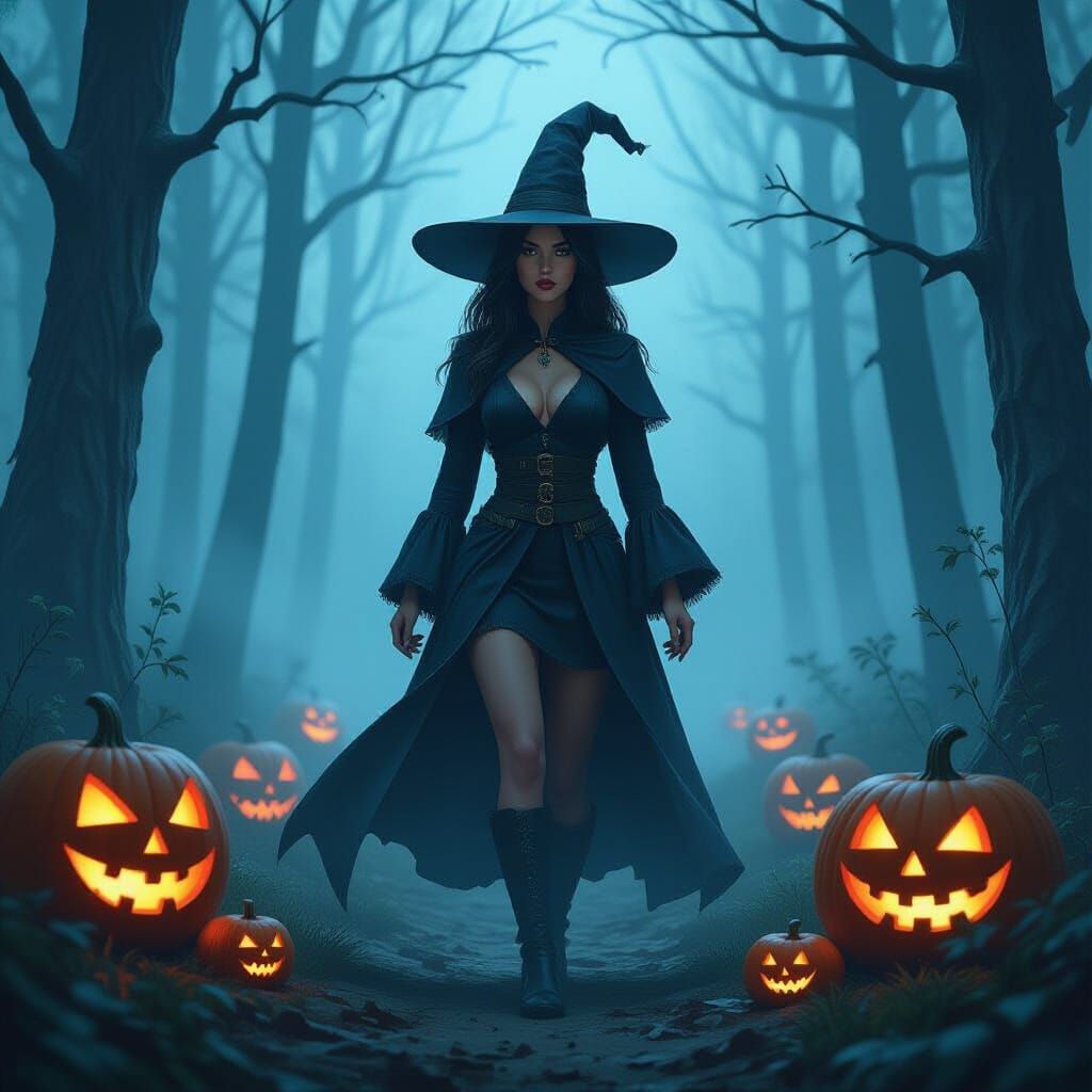 Mystical Witch in Forest of Jack-o'-Lanterns