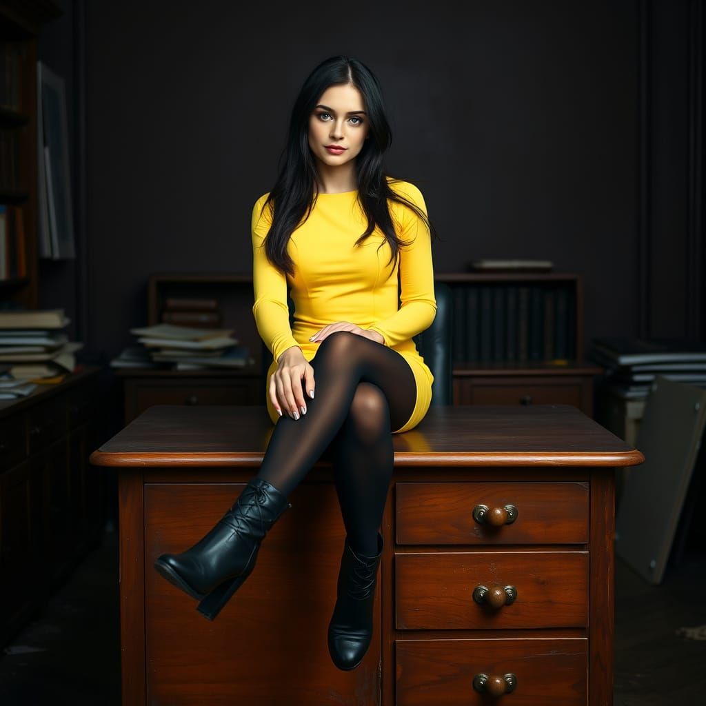 Elegant Woman Posing in a Dark Office