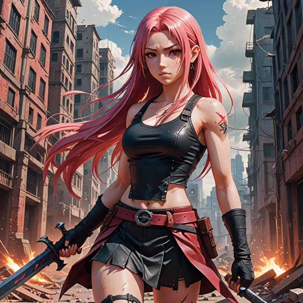 Surreal Warrior Maiden in Ruined Cityscape with Cinematic Li...