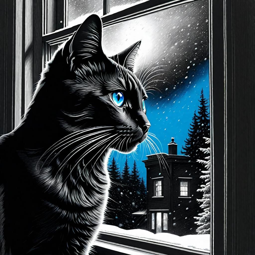 Black cat looking out a window at a snow storm, hyperdetailed charcoal drawing, greyscale except for the vibrant blue ey...