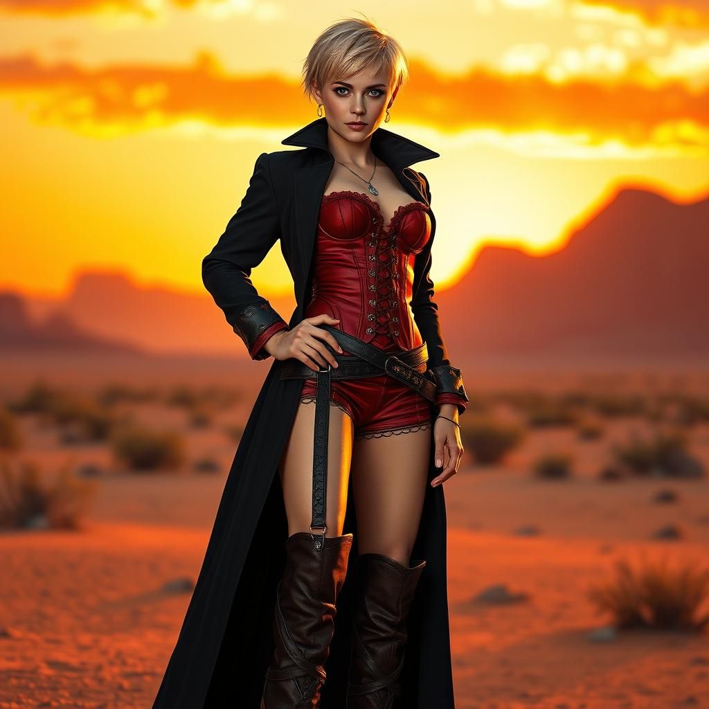 Confident Cowgirl in Desert Sunset: Graffiti Art Style