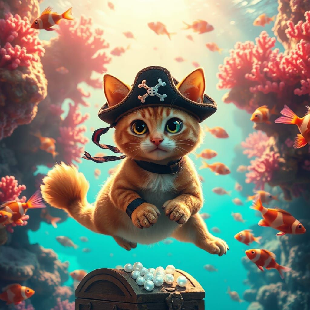 Pirate Cat's Coral Reef Adventure in Ghibli Style
