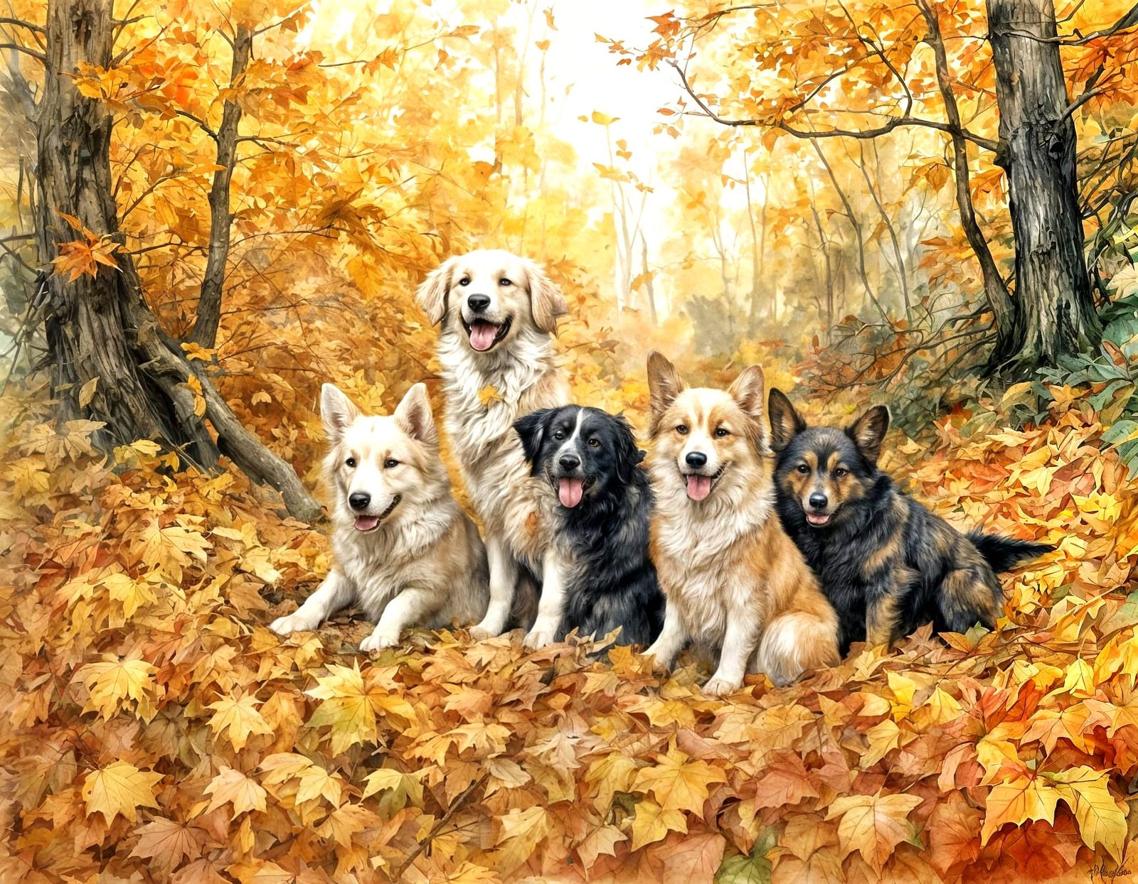 Several fluffy golden retriever and corgi puppies tumbling t...