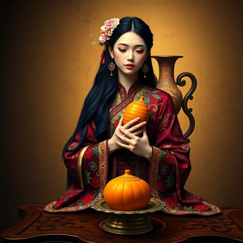 Elegant Woman in Exotic Traditional Attire with Vibrant Flor...