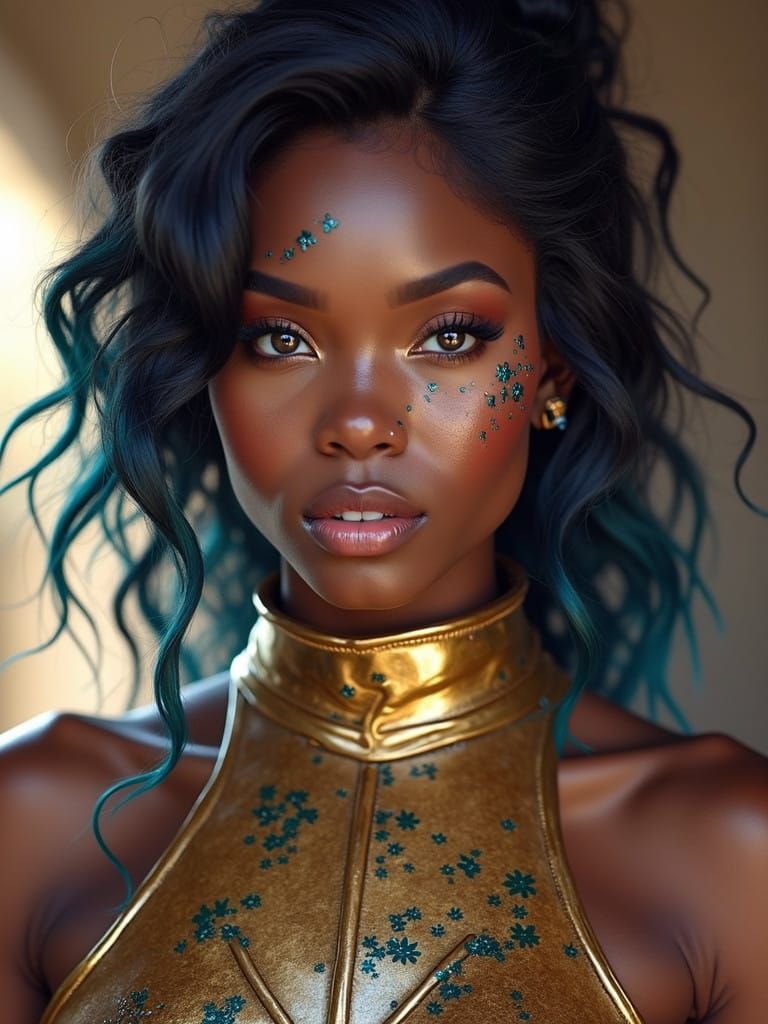 Dark Skinned Woman in Vibrant Cleric Armor with Blue Birthma...