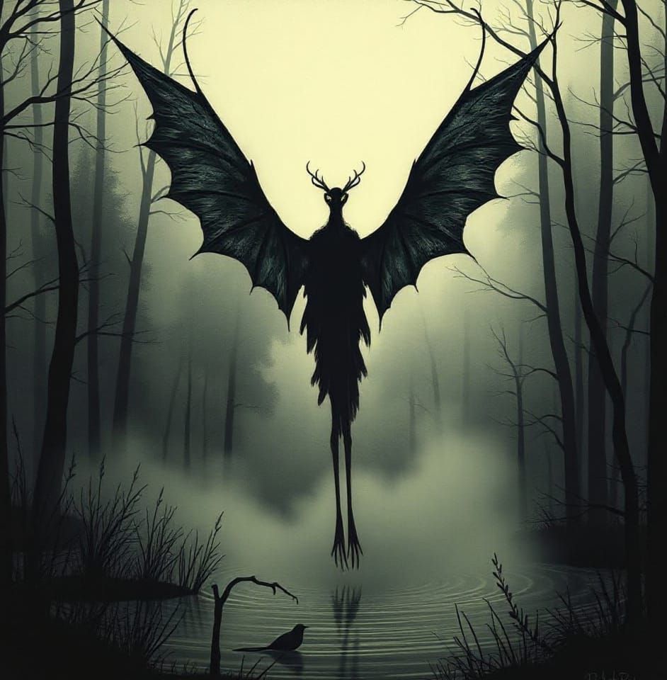 Macabre Winged Creature Rises from Misty Pond
