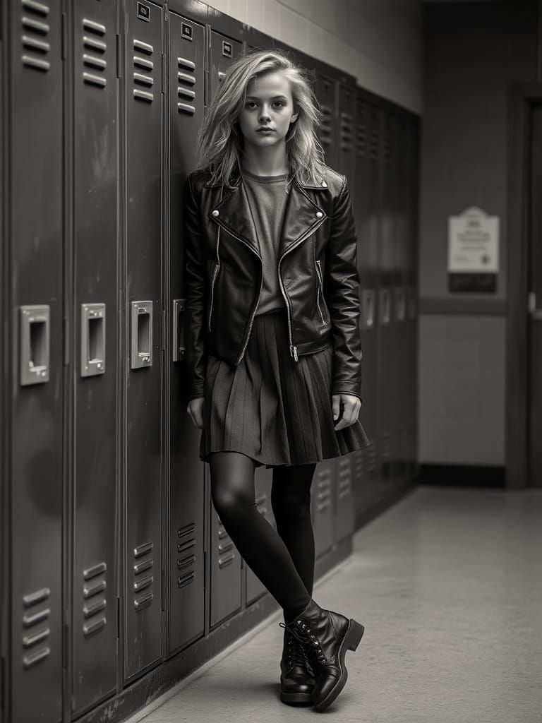 Non-binary Teen Leans Against Vintage Lockers in Soft, Cinem...