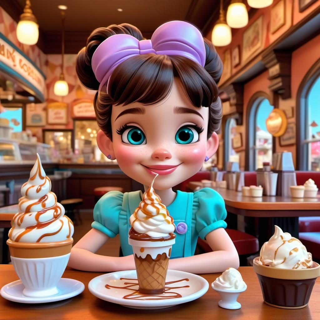 Disney Pixar style 3D adorable little girl, hair in a messy bun, cute sweet smile, ice cream sundae covered in caramel i...