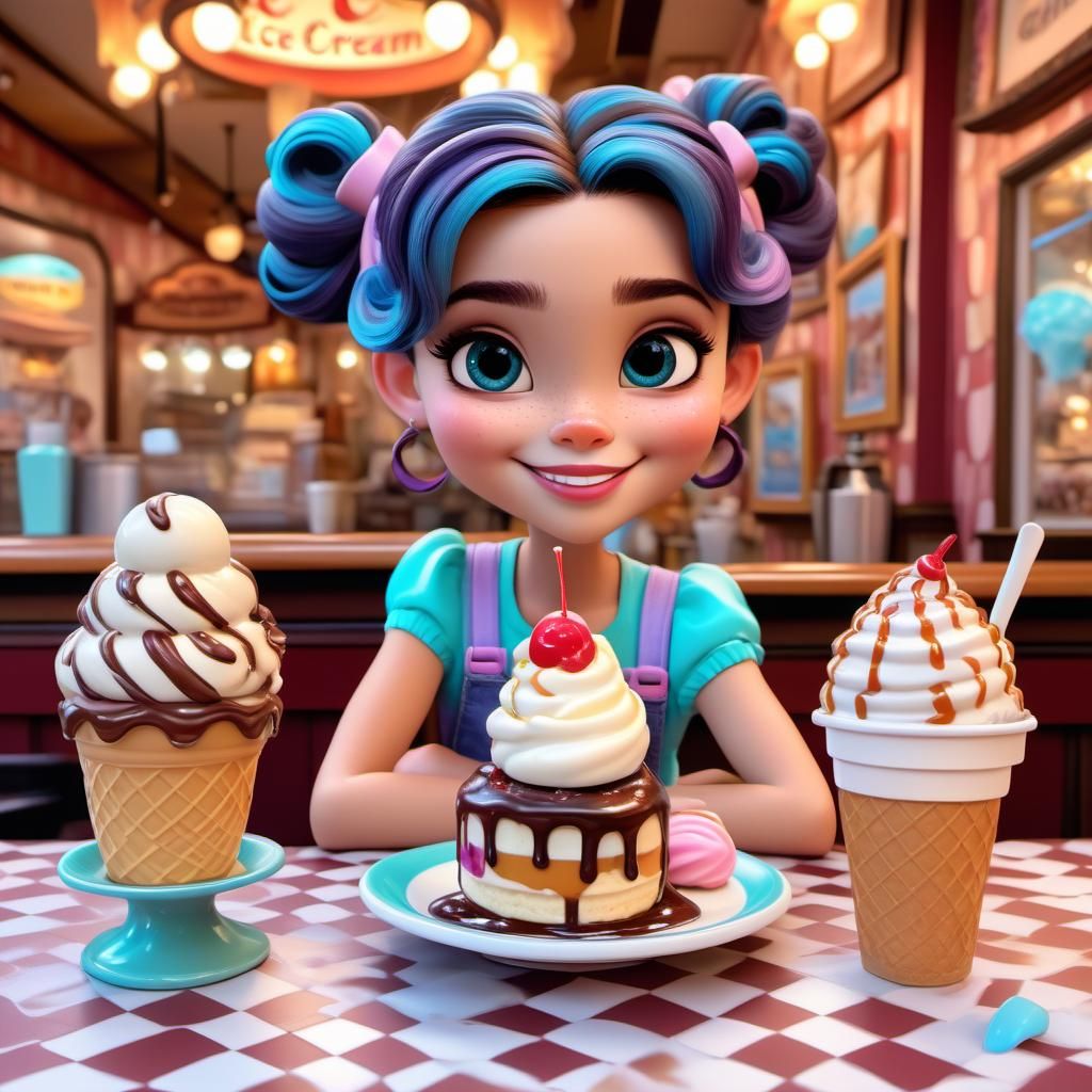 Disney Pixar style 3D adorable little girl, hair in a messy bun, cute sweet smile, ice cream sundae covered in caramel i...