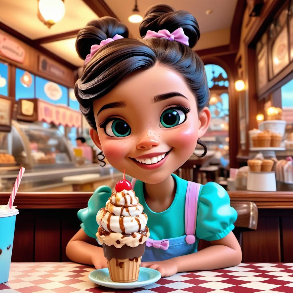 Disney Pixar style 3D adorable little girl, hair in a messy bun, cute sweet smile, ice cream sundae covered in caramel i...