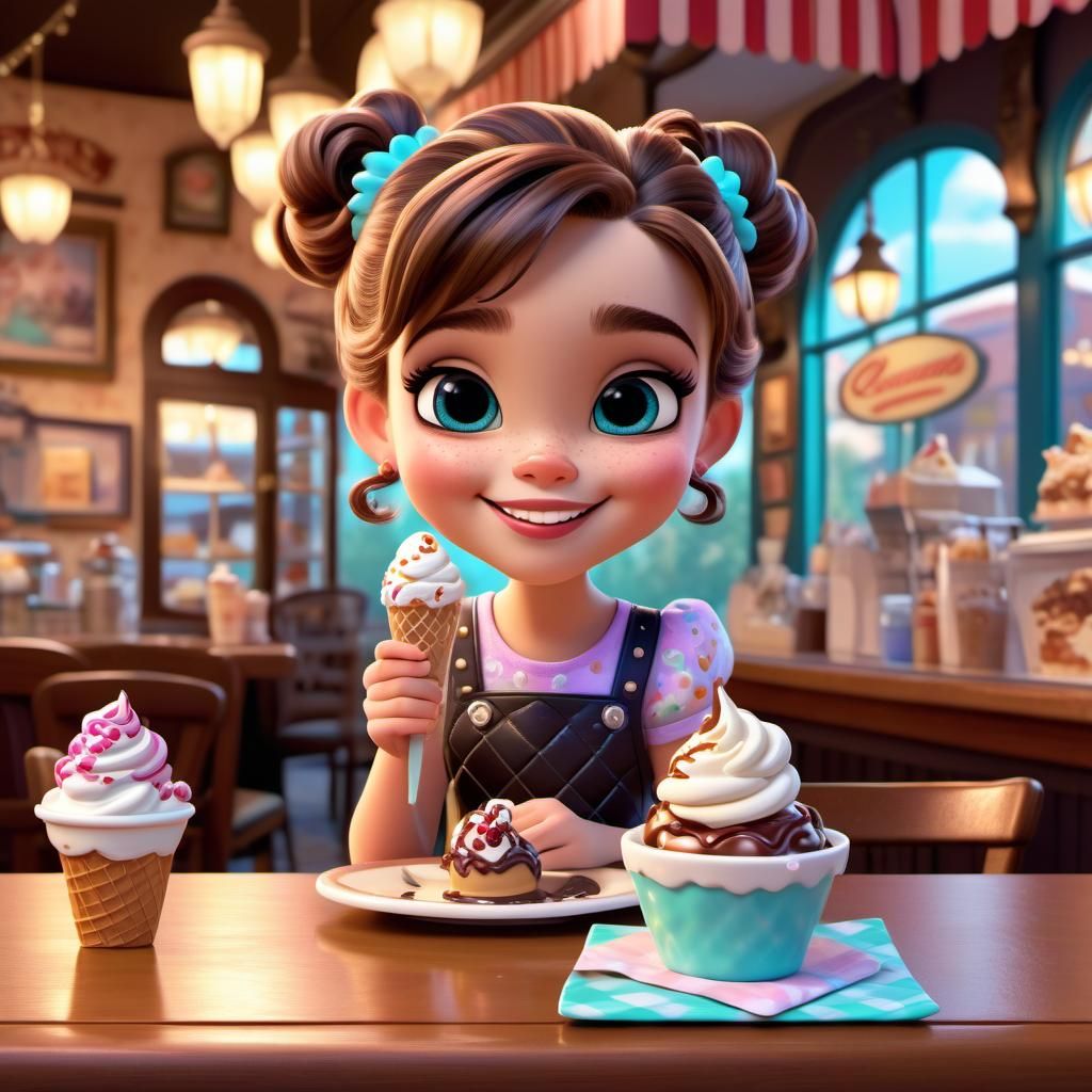 Disney Pixar style 3D adorable little girl, hair in a messy bun, cute sweet smile, ice cream sundae covered in caramel i...
